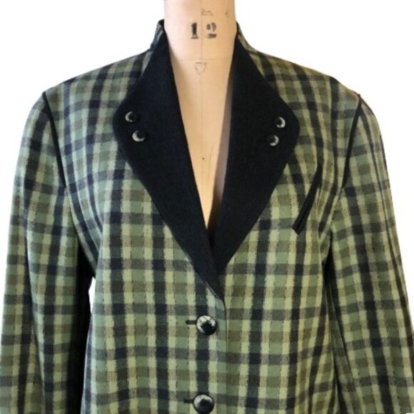 Vintage 90s wool checkered olive green and black blazer jacket, Plus size - Picture 5 of 16